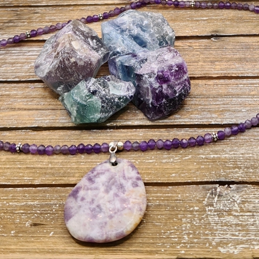 Amethyst, Sterling Silver and Lepidolite Beaded Necklace